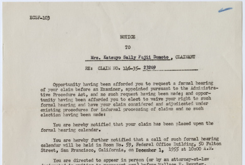 Notice to Claimant to Katsuyo Sally Fujii Domoto (ddr-densho-329-1234)