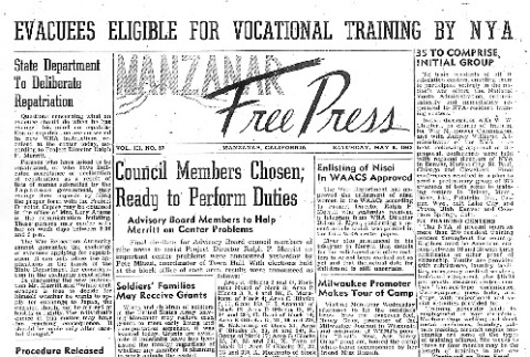 Manzanar Free Press Vol. III No. 37 (May 8, 1943) (ddr-densho-125-129)