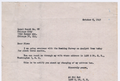 Letter from Ai Chih Tsai to Selective Service Board 88 (ddr-densho-446-182)