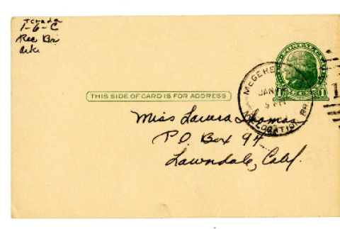 Postcard from [Emiko] Amy Terada to Miss Laura Thomas, January 12, 1942 (ddr-csujad-4-3)