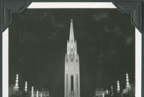 Night view of a tower at the Golden Gate International Exposition (ddr-densho-300-177)