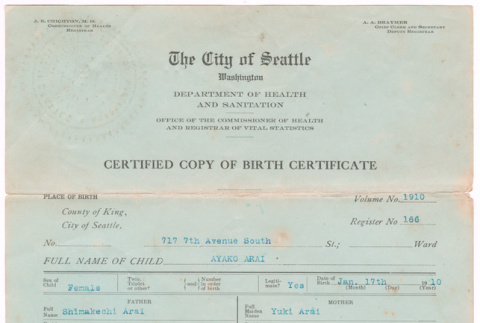 Ayako Arai's Birth Certificate (ddr-densho-430-46)