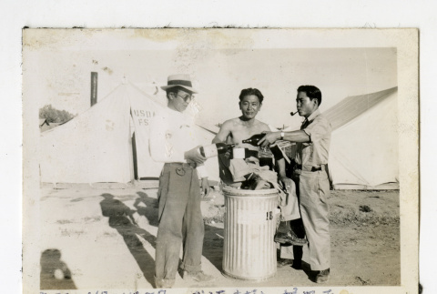 George Naohara, Tadashi Sakaida, and Kenneth Kenji Kuwahara at Civilian Conservation Corps mobile camps, Rupert, Idaho (ddr-csujad-38-28)