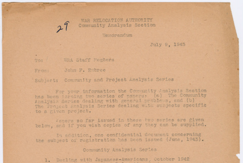 War Relocation Authority memorandum about community and project analysis reports (ddr-densho-381-16)