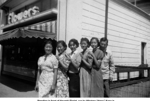 Five women standing with Harry Hikotaro outside florist shop (ddr-ajah-6-333)