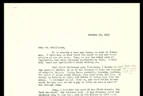 Letter from Mary Tsukamoto to Mr. McWilliams, October 18, 1943 (ddr-csujad-55-2)