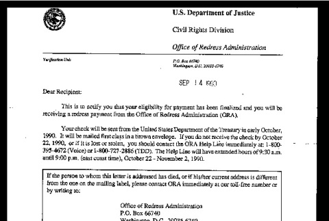 Letter from Robert K. Bratt, Administrator for Redress, U.S. Department of Justice to Dear Recipient, September 14, 1990 (ddr-csujad-55-94)