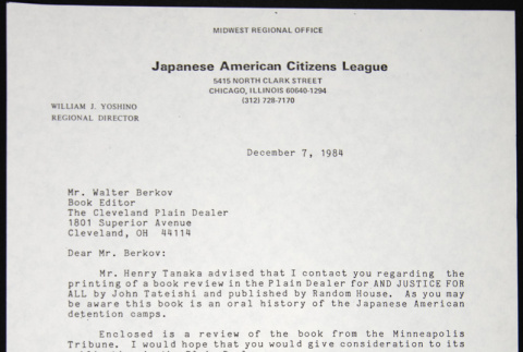 Letter to Walter Berkov from William Yoshino (ddr-chijacl-1-695)