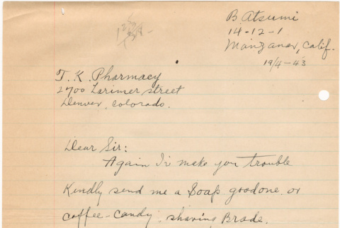 Letter sent to T.K. Pharmacy from  Manzanar concentration camp (ddr-densho-319-390)