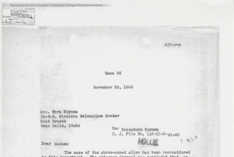 Letter from Edward J. Ennis, Director, Enemy Alien Control Unit, to Teru Koyama, on the parole of her husband, Keizaburo Koyama (ddr-one-5-241)