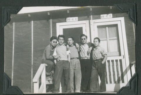 Five men stand outside Barrack 19-4E (ddr-densho-471-44)