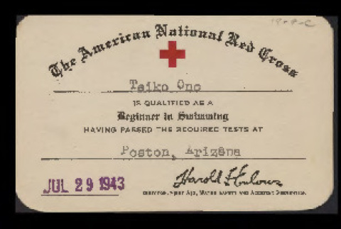 Certificate from the American National Red Cross to Taiko Ono in Poston, Arizona, for beginner in swimming (ddr-csujad-55-144)