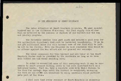Notice from Guy Robertson, Project Director, to the residents of Heart Mountain, October 1943 (ddr-csujad-55-674)