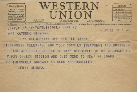 Telegram from Issei man to wife (January 29, 1942) (ddr-densho-140-52)