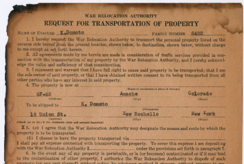 Request For Transportation of Property to New Rochelle, New York (ddr-densho-329-1016)