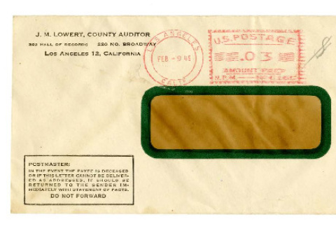 Envelope from J. M. Lowery, County Auditor to [Seiichi Okine], February 9, 1946 (ddr-csujad-5-199)