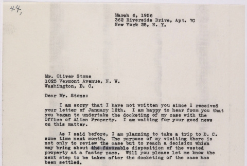 Letter from Lawrence Miwa to Oliver Ellis Stone concerning claim for James Seigo Maw's confiscated property (ddr-densho-437-224)