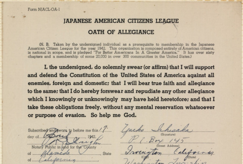 JACL Oath of Allegiance for Yaeko Ichisaka (ddr-ajah-7-62)