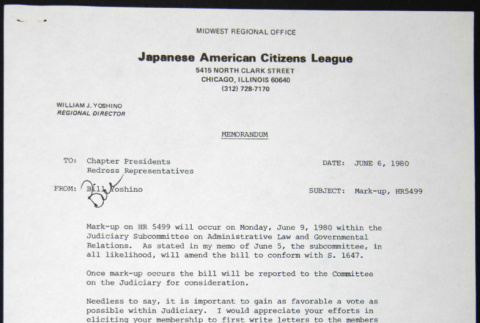Memo to Chapter Presidents from Bill Yoshino (ddr-chijacl-1-200)