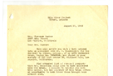 Letter from Fumio Fred Takano to Mrs. Florence Packer, August 23, 1943 (ddr-csujad-42-75)
