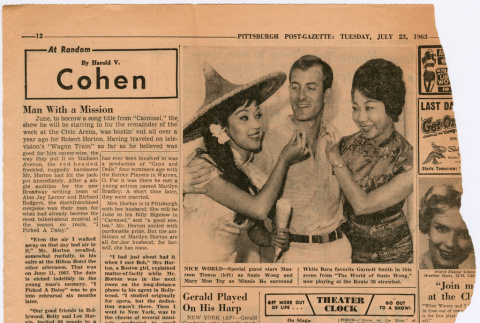 Clipping from Pittsburgh Post-Gazette with photo of cast members from The World of Suzie Wong (ddr-densho-367-267)