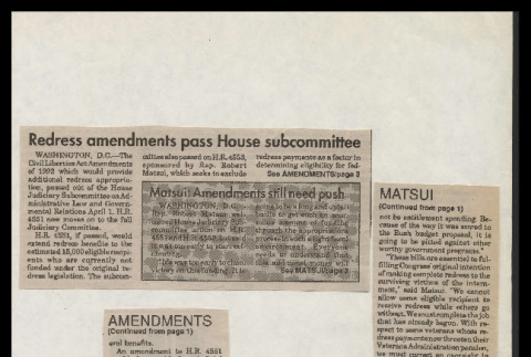 [Newspaper clipping titled:] Redress amendments pass House subcommittee (ddr-csujad-55-2075)