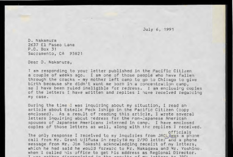 Letter from Sharon M. Tanihara to D. Nakamura, July 6, 1991 (ddr-csujad-55-2051)