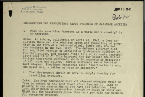 Suggestions for resolutions about evacuees of Japanese ancestry (ddr-csujad-18-4)