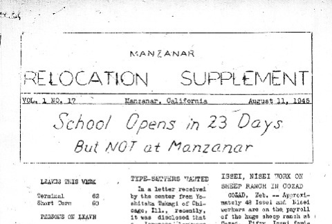 Manzanar Free Press Relocation Supplement Vol. 1 No. 17 (August 11, 1945) (ddr-densho-125-385)