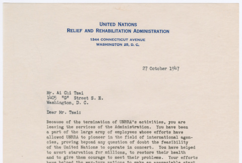 Letter from Lowell W. Rooks, UNRRA Director General, to Ai Chih Tsai (ddr-densho-446-261)