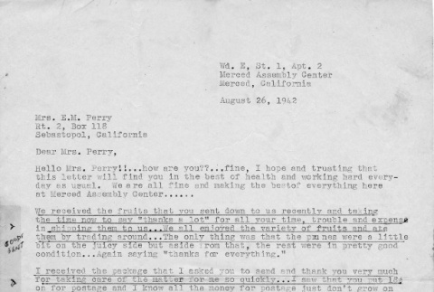 Letter from Kazuo Ito to Lea Perry, August 26, 1942 (ddr-csujad-56-15)