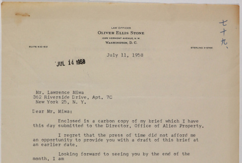 Letter from Oliver Ellis Stone to Lawrence Fumio Miwa (ddr-densho-437-111)