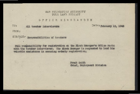 Memo from Frank Smith, Chief, Employment Division, to all teacher interviewers, February 12, 1943 (ddr-csujad-55-192)