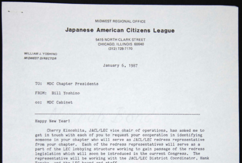 Memo to MDC Chapter Presidents from Bill Yoshino (ddr-chijacl-1-244)