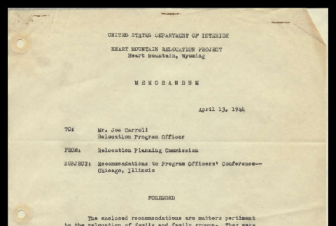 Memo from Robert Y. Kodama, Executive Sec'y, Relocation Planning Commission, United States Department of the Interior to Mr. Joe Carroll, Relocation Program, April 13, 1944 (ddr-csujad-55-933)