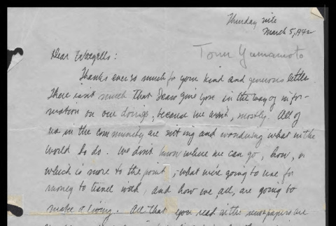 Letter from Tom Yamamoto to Margaret Waegells, March 5, 1942 (ddr-csujad-55-53)