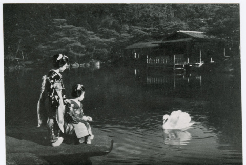 Two Women in Kimonos Visiting Pond (ddr-ohs-1-116)
