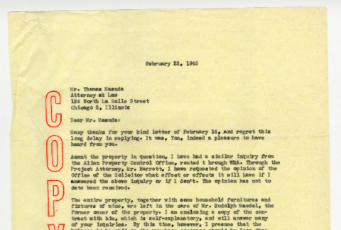 Letter from Yoshio Urakawa to Thomas Masuda (ddr-densho-474-92)