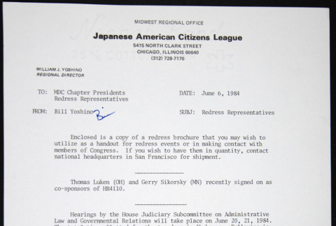 Memo to MDC Chapter Presidents from Bill Yoshino (ddr-chijacl-1-257)