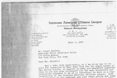 Letter to Roger Baldwin, ACLU, from Mike Masaoka (ddr-densho-122-402)