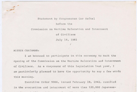 Statement by Congressman Cec Heftel to Commission on Wartime Relocation and Internment of Civilians (CWRIC) (ddr-densho-122-263)