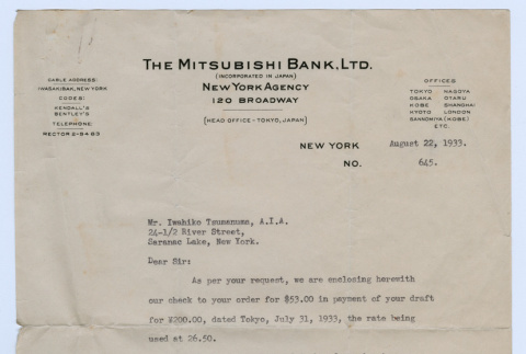 Letter from The Mitsubishi Bank, Ltd to Thomas Rockrise (ddr-densho-335-224)
