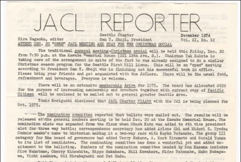 Seattle Chapter, JACL Reporter, Vol. XI, No. 12, December 1974 (ddr-sjacl-1-173)