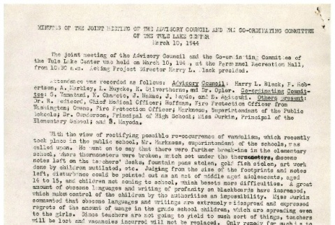 [Minutes of the regular meeting of the divisional responsible men and the Co-ordinating committee of the Tule Lake Center, March 10, 1944] (ddr-csujad-2-24)