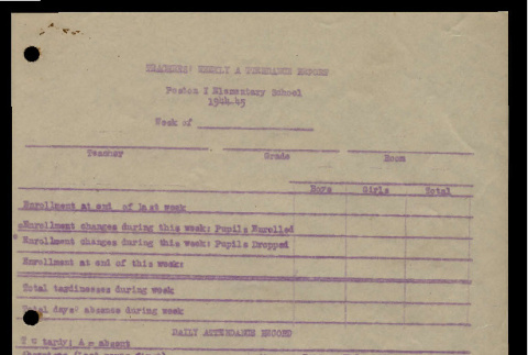 Teachers' weekly attendance report, Poston I Elementary School, 1944-45 (ddr-csujad-55-1778)