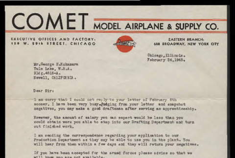 Letter from Wm. Bibichkow, Comet Model Airplane and Supply Co., to George Hideo Nakamura, February 24, 1943 (ddr-csujad-55-2167)