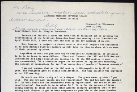 Letter to Midwest District Chapter Presidents, with note to Perry Miyake from Bill Doi (ddr-chijacl-1-27)