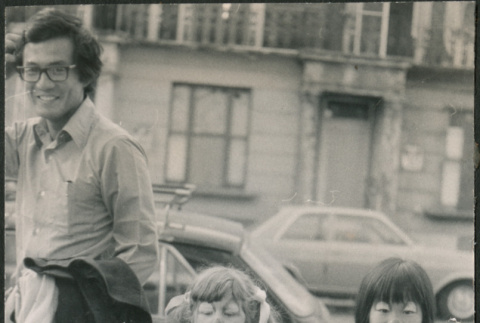 Man with three kids in clown makeup (ddr-densho-523-509)