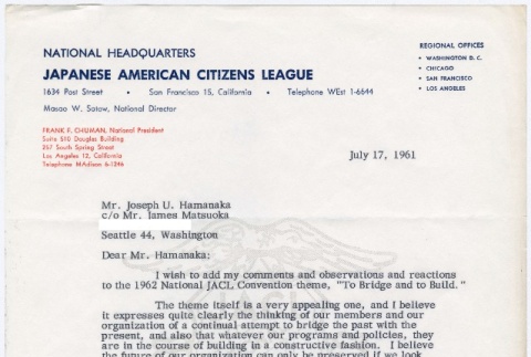 Letter of appreciation to Joe Hamanaka for JACL convention theme (ddr-densho-280-38)