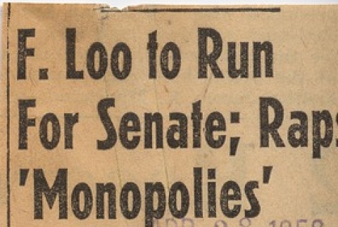 Article regarding Frank W. C. Loo's 1958 Senate campaign (ddr-njpa-2-621)